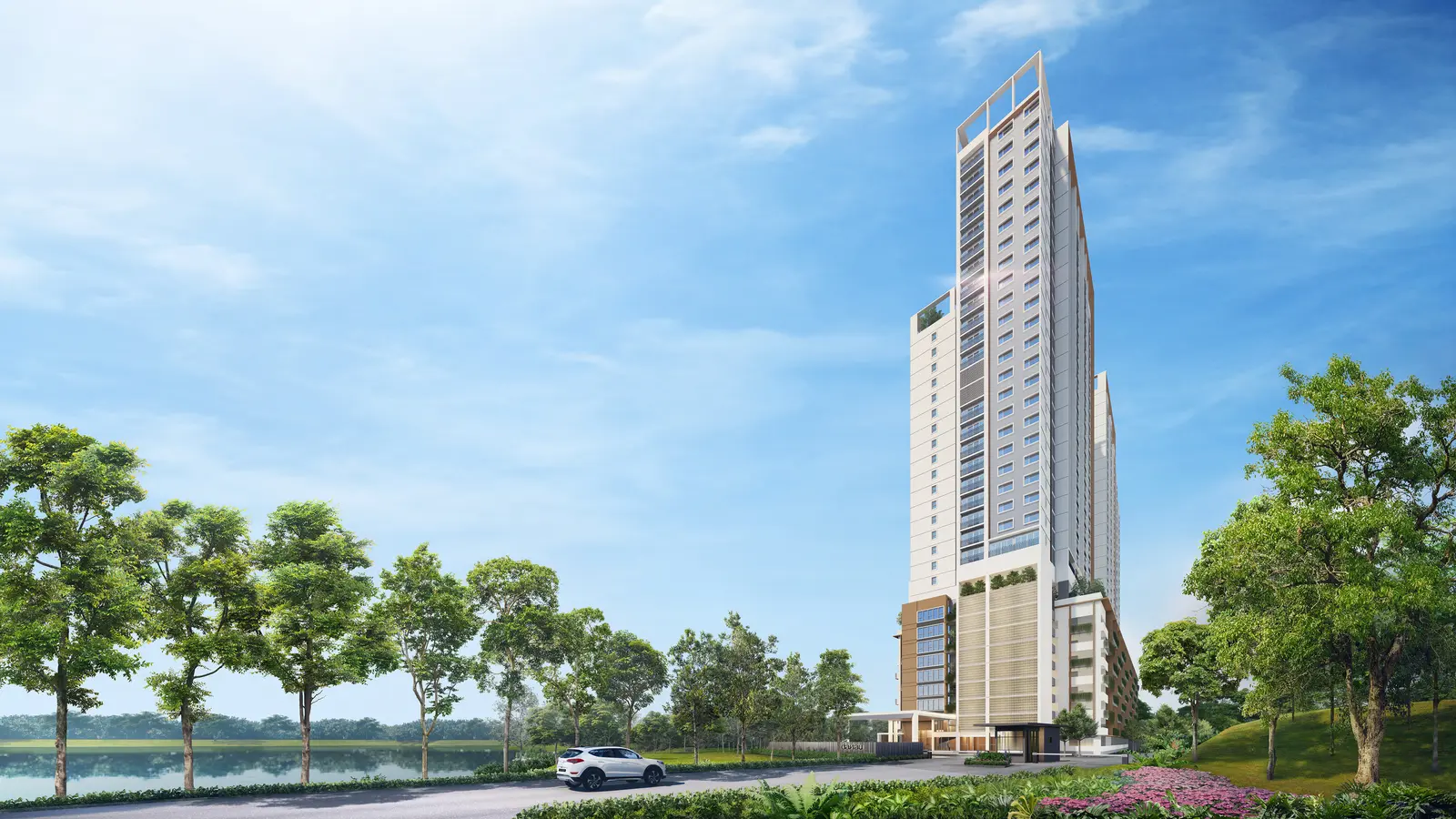 Danau Puchong twin-tower facade render beside the lake, Puchong