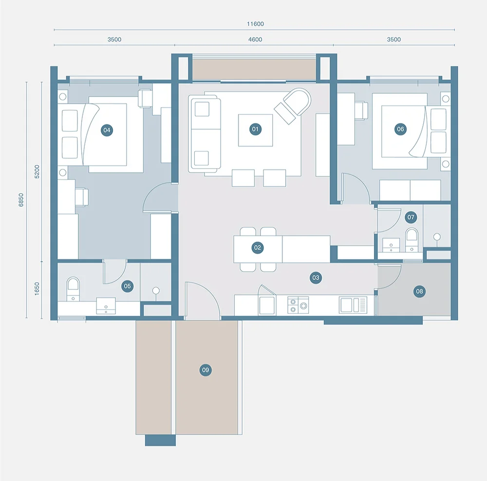 Type B floor plan, 855 sq ft, 2 bedroom, Danau Puchong