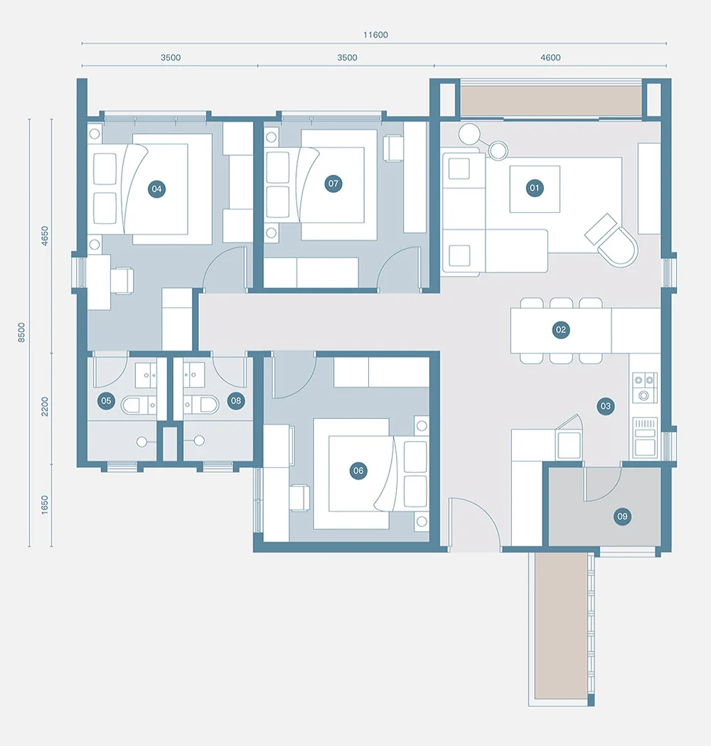 Type D floor plan, 999 sq ft, 3 bedroom, Danau Puchong