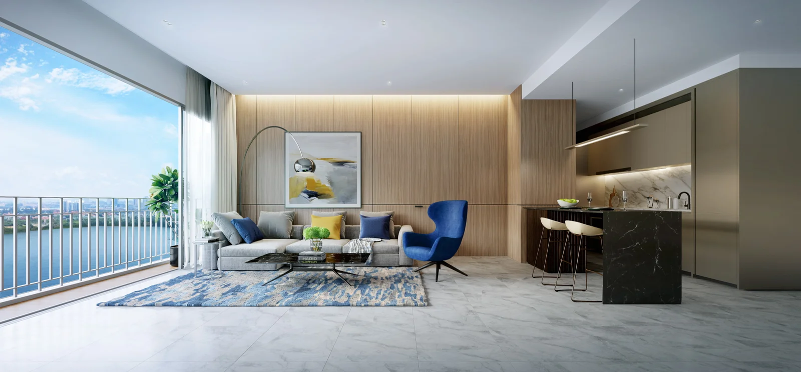 Living and dining room interior render overlooking the lake at Danau Puchong