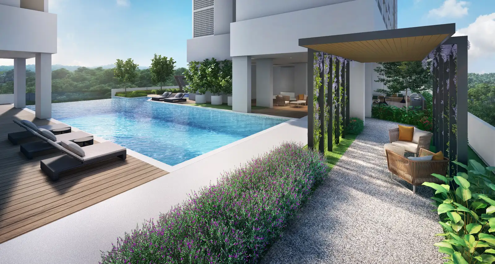 Infinity-edge pool render overlooking the lake at Danau Puchong